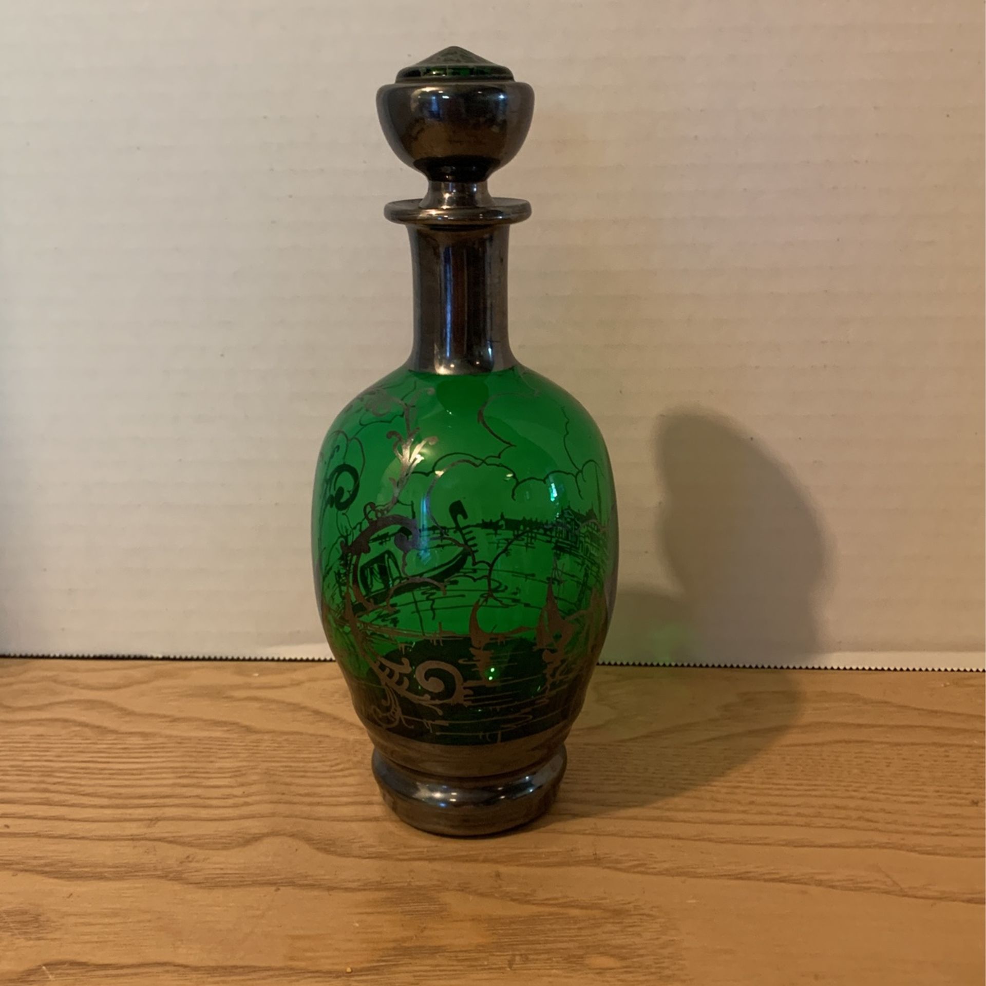 Antique Emerald Green Glass Bottle w/ Silver Overlay 8” x 3 1/2”  A8