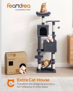 Cat Tree, 59.5-Inch Tall Cat Tower, Plush Multi-Level Condo with 5 Scratching Posts, 2 Perches, 2 Caves, Hammock, 2 Pompoms, Smoky Gray UPCT192G01