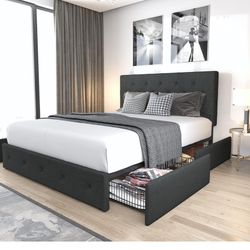 Queen Size Platform Bed Frame with 4 Storage Drawers and Headboard - Mattress included