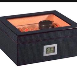 Box with Digital Hygrometer and Humidifier, Carbonk Fiber Glass Top Case Gift Set, Cedar Wood Accessories Gift 