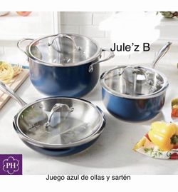 Juego De Ollas Y Sartén De 6 Qts De 3 Qts Y Sartén De 10” Azul Nuevas En Su Caja
