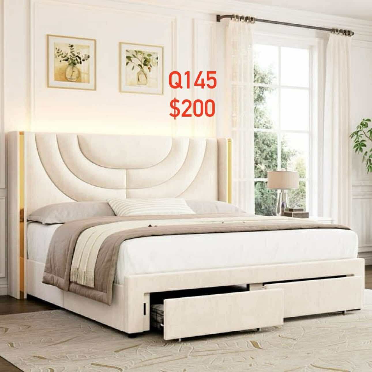 Queen Size LED Bed Frame with 2 Drawer Storage, Wingback Platform Bed with Velvet Upholstered Headboard, Off-White Q145
