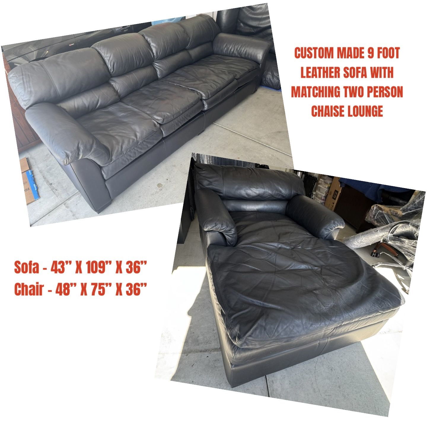 CUSTOM MADE HIGH END BLACK LEATHER 9 FOOT LEATHER SOFA WITH TWO PERSON CHAISE LOUNGE