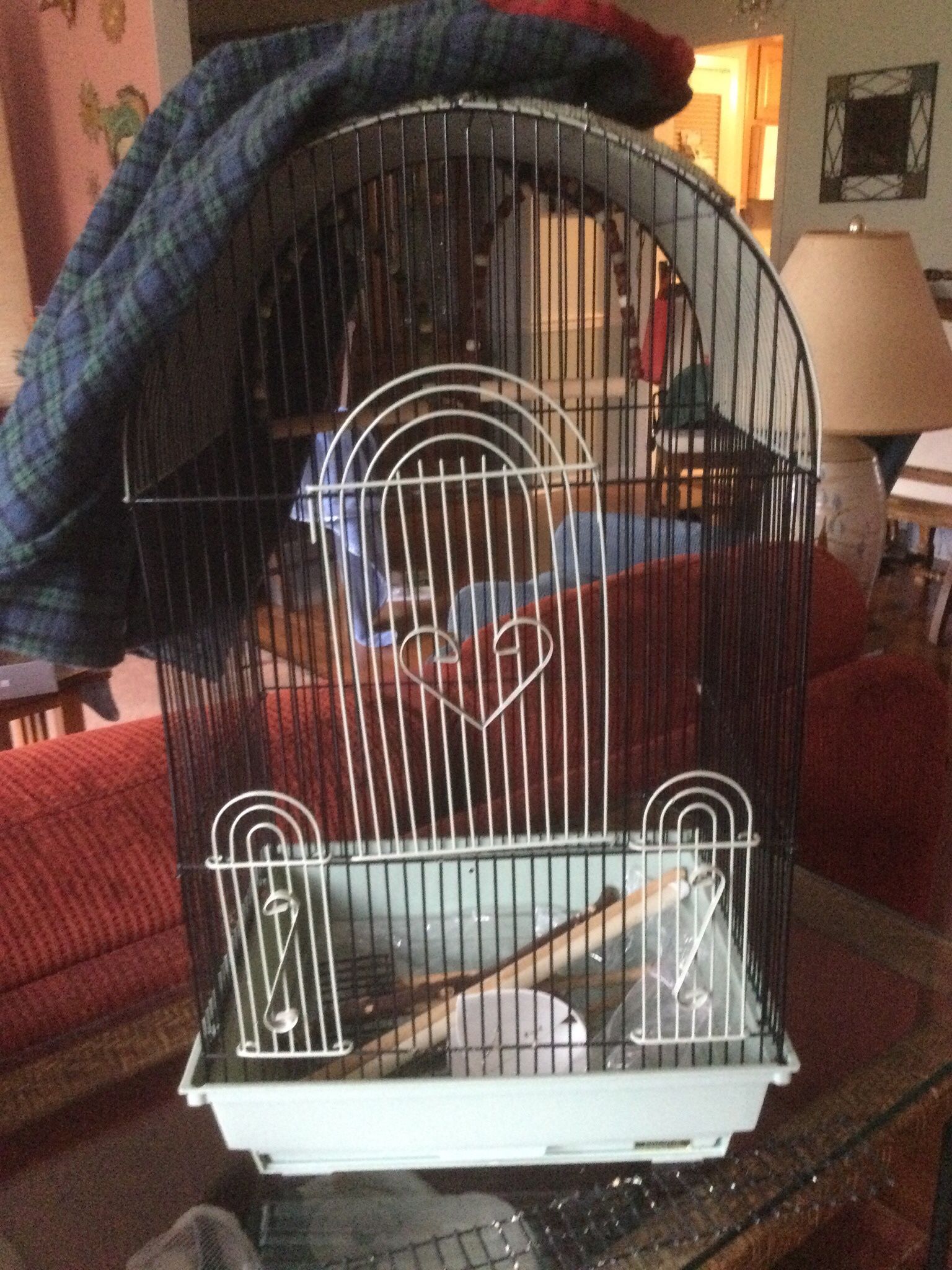 Bird Cage w/ Cover, dishes + toys