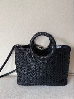 Black Woven Pattern Tote Lined Purse Bag Removable Cross Body Strap Vintage Bow