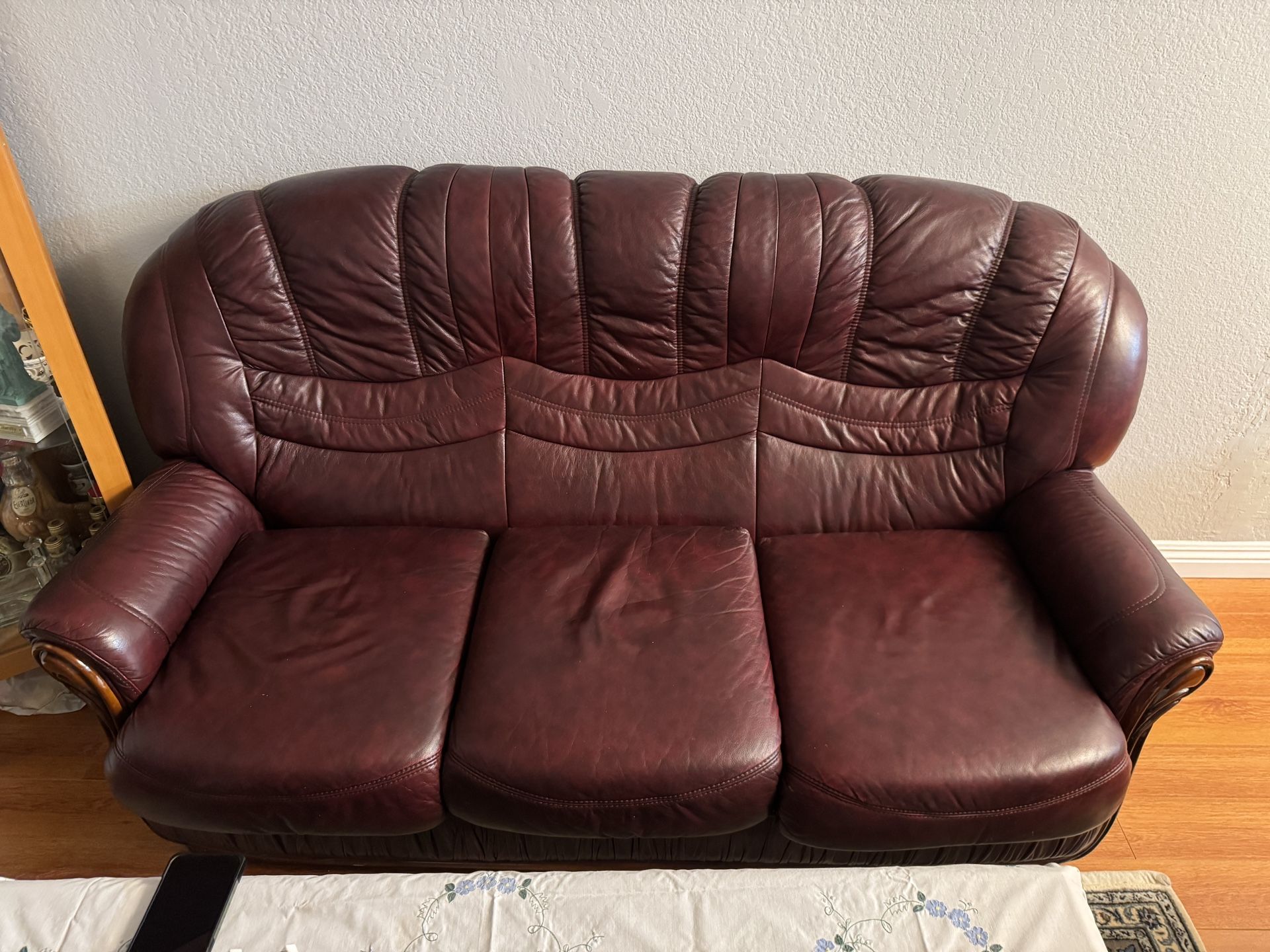 Vintage Burgundy Leather Sofa Set with Wood Accents