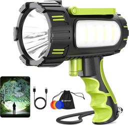 Rechargeable Spotlight Flashlight, 100000 Lumen Super Bright Handheld Spotlight, IP68 Waterproof Searchlight with Foldable Stand & 3 Color Lens for Ca