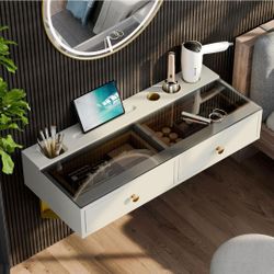 31.5" Floating Makeup Vanity Table Wall-Mounted Dressing Table with 2 Drawers Floating Desk Glass Top Wall for Small Space Bedroom,Warm White