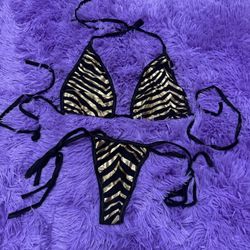 New Small black gold zebra y2k thong bikini festival rave dance raver swimsuit   No size tag. Is old stock piece was made in early 2000s