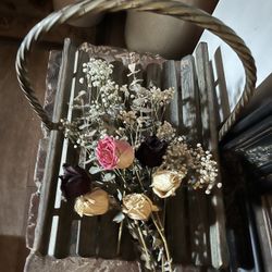 Large wood slat basket with metal handle