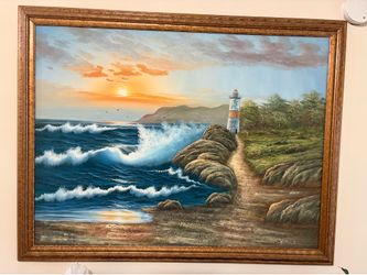 Original Large Oil Painting of Lighthouse at Sunset by M. Wagner, 52x41“
