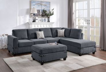 Brand new 112" x 84" x 35"H charcoal/biege/brown chenille reversible sectional + ottoman