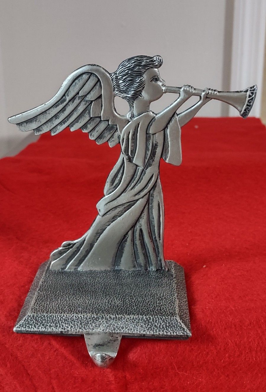 Vintage Pewter Angel Blowing Horn Christmas Stocking Holder 5"