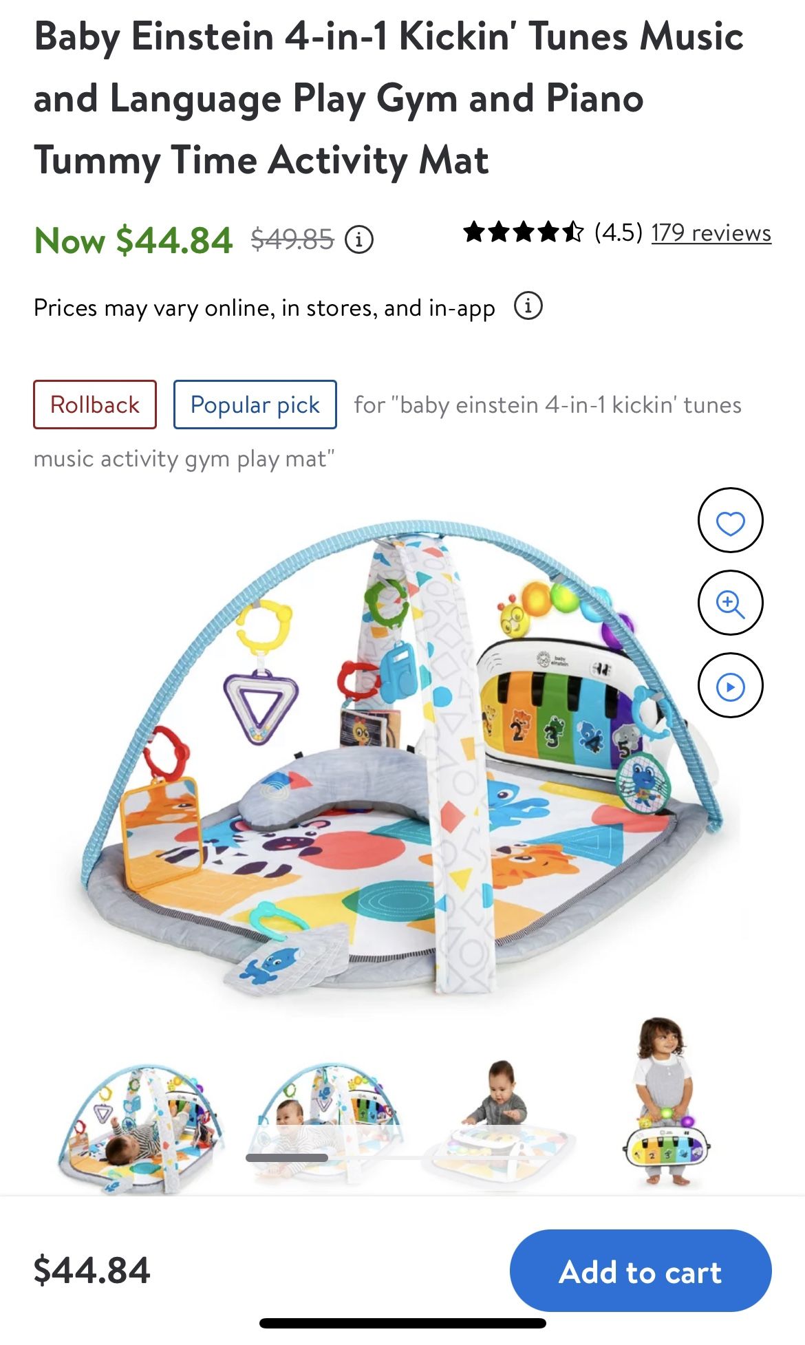 Baby Einstein 4-in-1 Kickin' Tunes Music and Language Play Gym and Piano Tummy Time Activity Mat