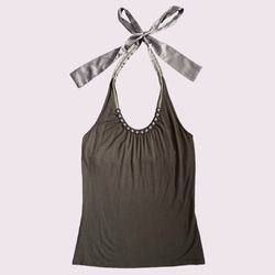 THE LIMITED Vintage Y2K Sand Grey Brown Beaded Grunge Stretch Halter Tank Top