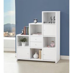 Modern White Stepped Bookshelf / Cube Storage Display Unit with Drawers & Cabinets