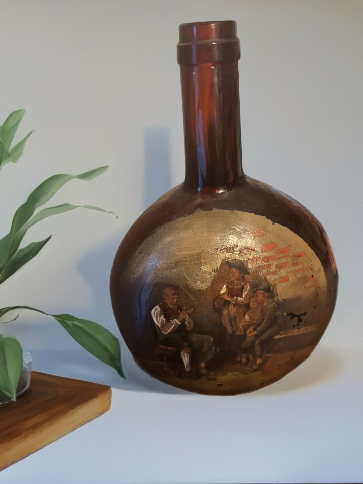 Late 1800’s white wine Handpainted folk art German Bocksbeutal