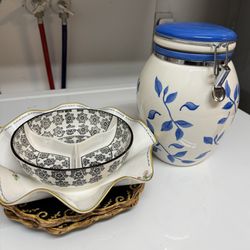 Canister, Divided Serving Bowl & Decorative Plates Set