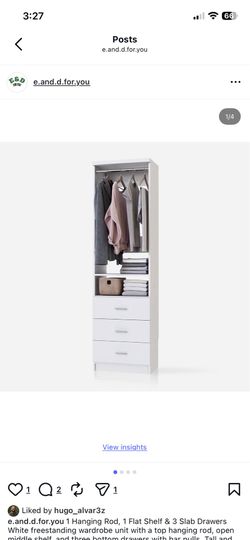 1 Hanging Rod, 1 Flat Shelf & 3 Slab Drawers White freestanding wardrobe unit with a top hanging rod, open middle shelf, and three bottom drawers with