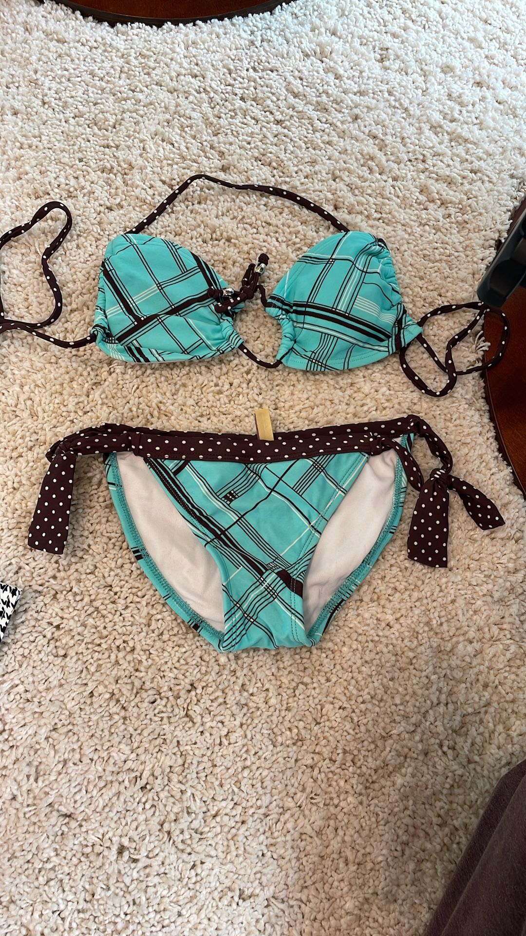 Teal Turquoise Brown White Swimsuit Bikini Small side Tie