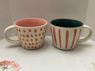 Set of 2 Opalhouse Stoneware 16oz Mug Pink Dots Green Stripe Coffee Tea Cup New