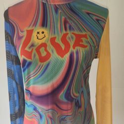 Graphic Love Print Sheer Top Size Large