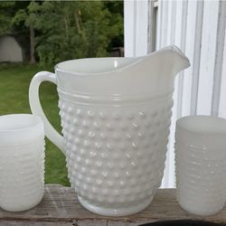 Vintage Harbor Anchor Hocking Hobnail Milk Glass Pitcher Set