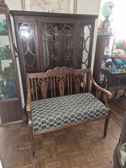 Antique Wood Settee with Upholstered Seat