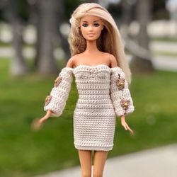 Barbie Knitt Dress Knit Handmade Beige 11 Inch Dolls