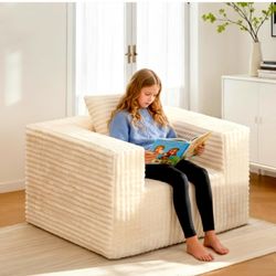Small Boneless Sofa Chair, No Assembly Couch in a Box Memory Foam Mini Cloud Reading Chair with Throw Pillow for Living Room Bedroom Playroom, Beige (
