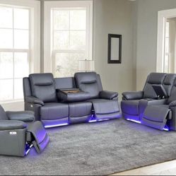 Power Electric Grey Leather Fully Reclining Couch Set
