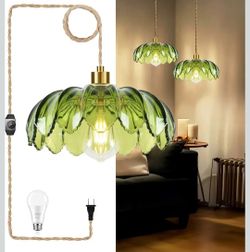 Plug in Pendant Light Hanging Lights with Plug in Cord Boho Hanging Lamp Glass Gold Mid Century Modern Vintage Dimmable Green Flower
