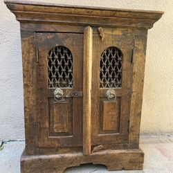 RARE Indian 19th Century Wooden Side Cabinet with Arched Metal Grate Window Door