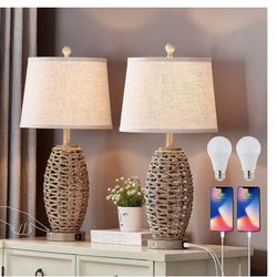 27” Natural Rattan Table Lamps Set of 2,Touch Switch,3-Way Dimmable Bedside Lamps, with A+C USB Charging Ports,