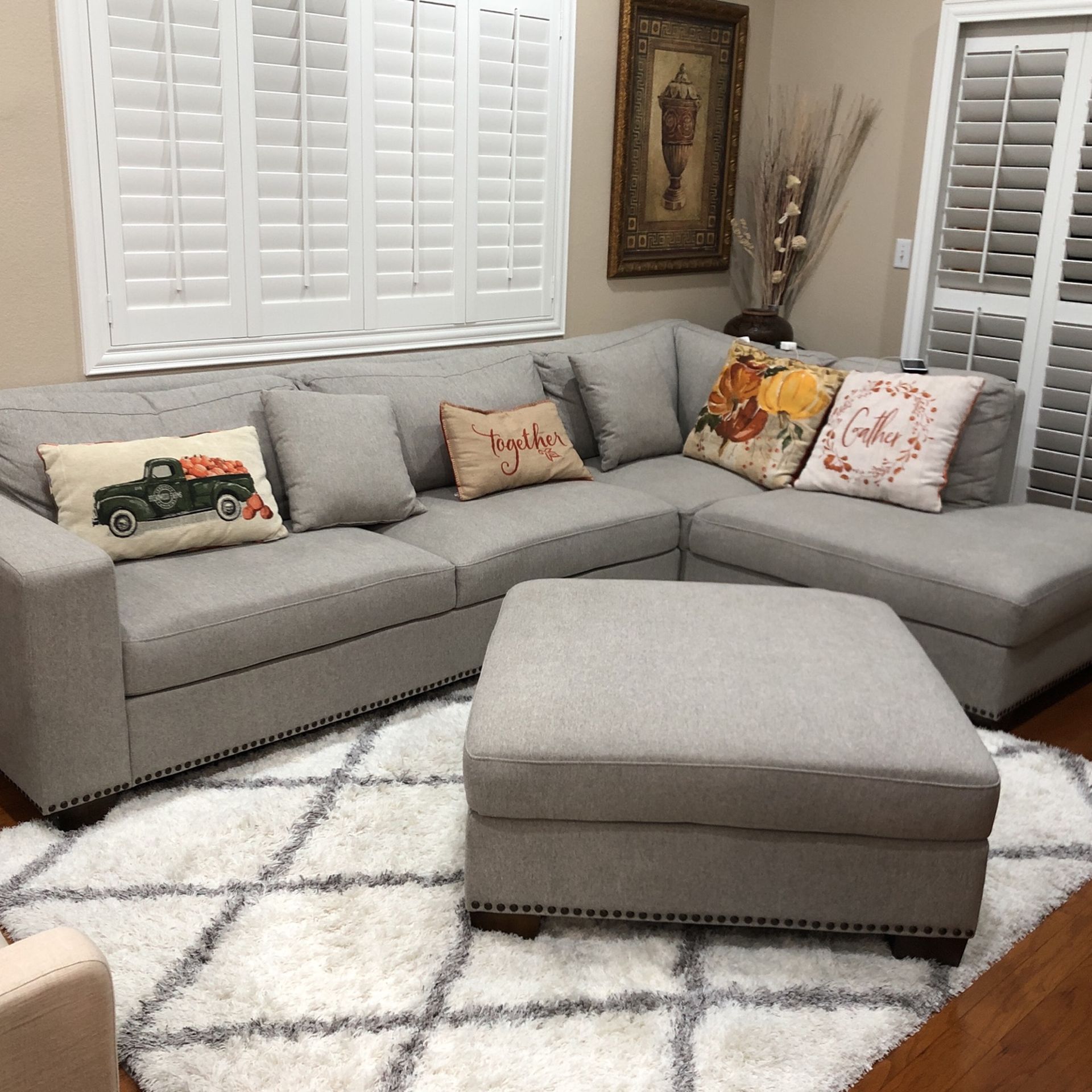 Thomasville Artesia Fabric Sectional With Ottoman, Beige for Sale in