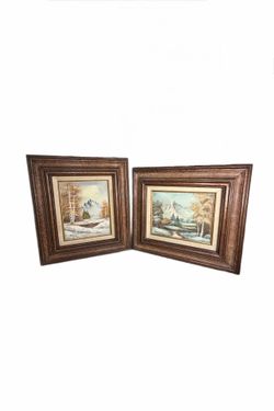 Pair of Vintage Framed Original Signed Oil Paintings of Snowy Mountainside Landscape.