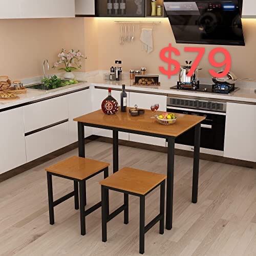  3 Piece Dining Set, Small Dining Table and 2 Stools, Kitchen Breakfast Dining Table Set, Breakfast Table of 35.43 x 23.62 x 29.92 inches, Stools of 1