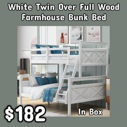NEW White Twin Over Full Wood Farmhouse Bunk Bed In Box: njft