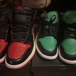 Size 11 Jordan 1 Low 'Black Lucky Green' and  size 11 Jordan 1 Retro OG High Patent Bred