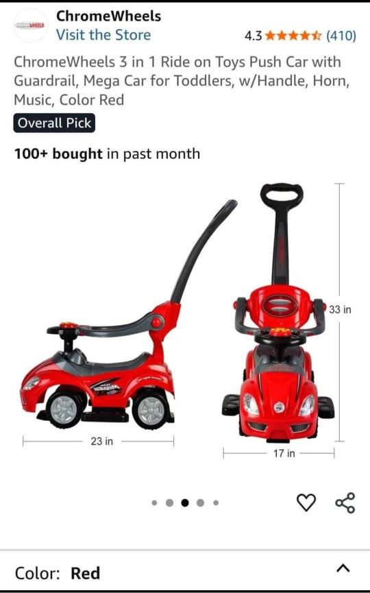 3-in-1 Push and Pedal Car baby-toddler Ride On w/Handle, Horn, Music - Red. $35