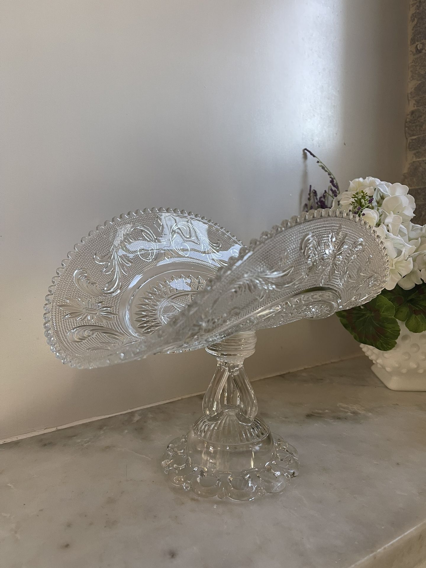 Westmoreland Clear Glass Princess Feather Footed Banana Boat Pedastal Vase