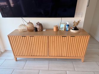 Natural Wood Tone Fluted TV Console Cabinet