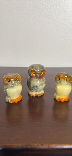 3 Vintage Italian Alabaster Carved Stone Owl Figurines