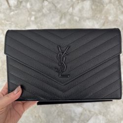 YSL Yves Saint Laurent Classic Cassandra Chain Wallet Leather Black