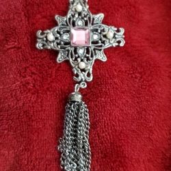 Vintage Silver Tone London Cross Brooch With Pink Center Faux Gem, 4 faux Pearls and 4 small clear Crystals.  