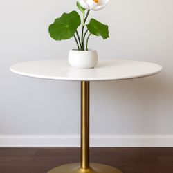 Round White Pedestal Dining Table w/ Gold Base