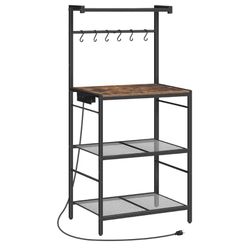 Bakers Rack with Power Outlet, Kitchen Storage Shelf with 6 Hooks, Microwave Stand with Storage, 4-Tier Coffee Bar Station, for Kitchen, Dining Room, 