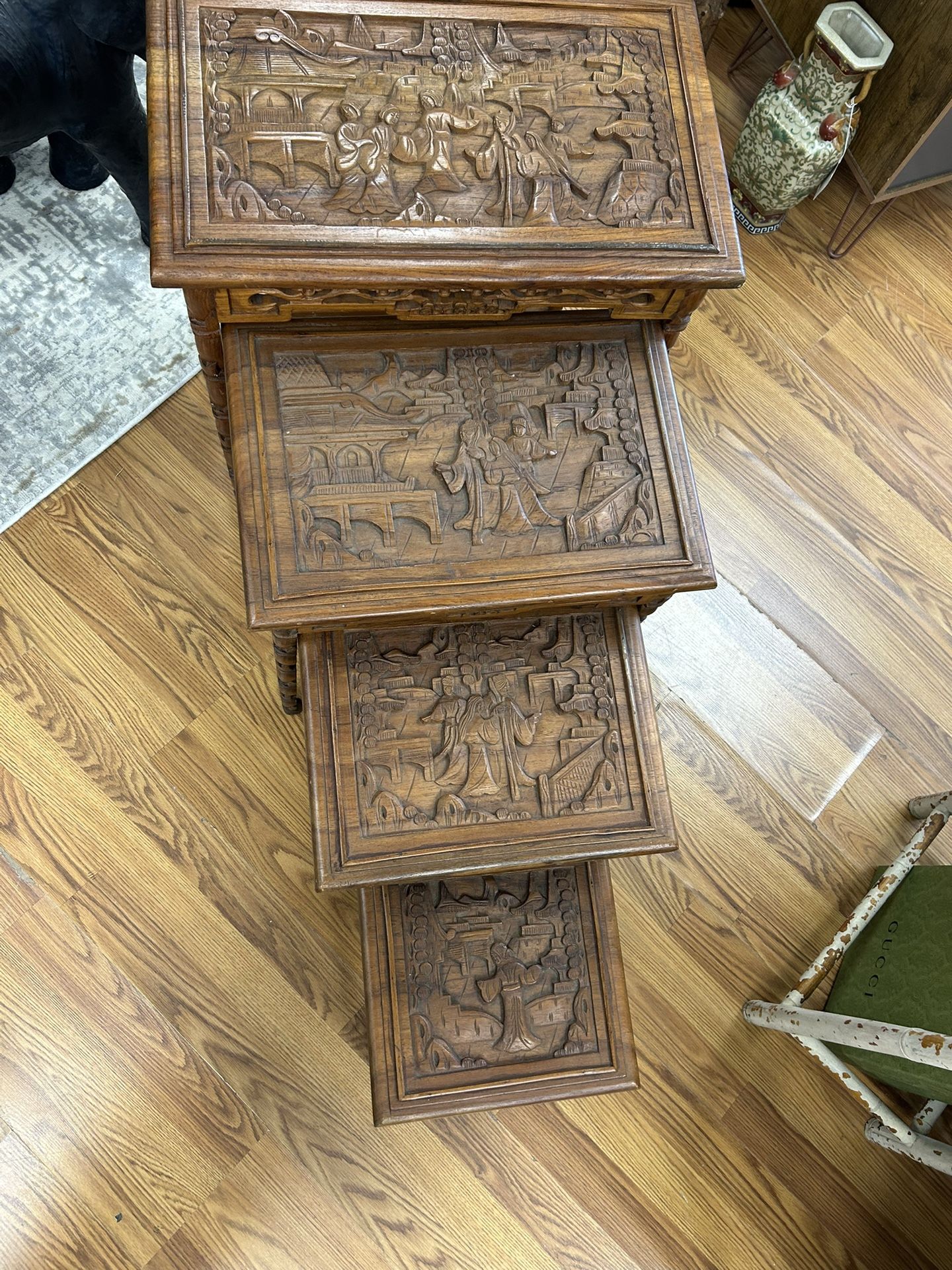 Vintage Set of Four Asian Carved Nesting Tables Chinese Japanese
