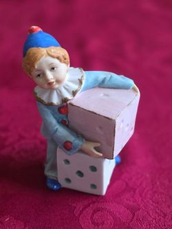 Vintage Capidimonte Keramik italienischer Clown Kinder sitzend auf Würfeln Figur