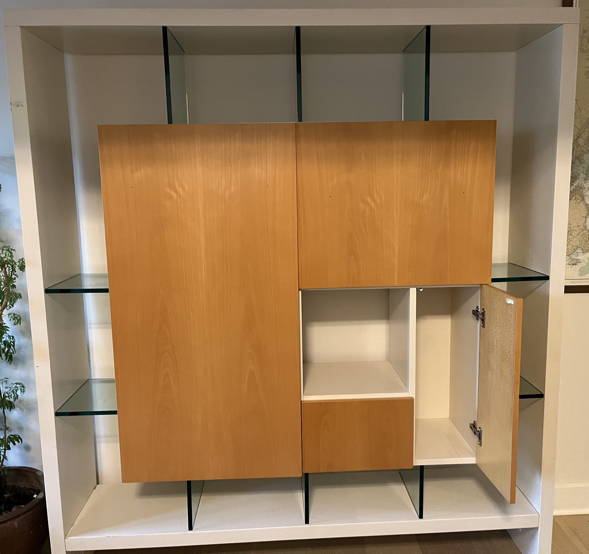 Scandavian Modern Wall Unit With Doors And Thick Glass Shelves